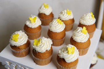Delicious sweet buffet with cupcakes. Sweet holiday buffet with