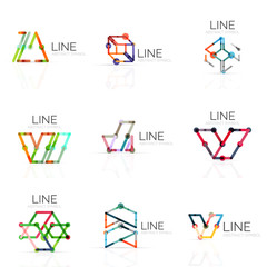 Set of linear abstract logos, connected multicolored segments lines in geometrical figures