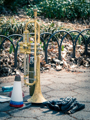 Trumpet on stand in a park