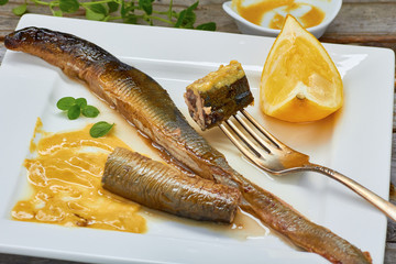 Stewed lamprey  on plate