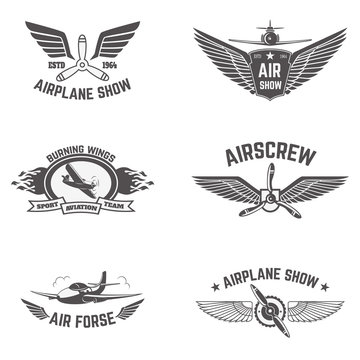 Set of airplane show labels isolated on white background.