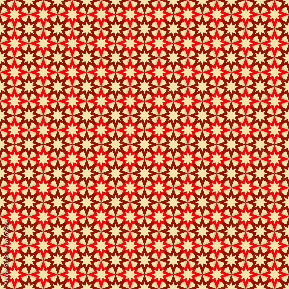 Poster seamless pattern with red and dark red stars on tan background