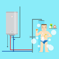 Electric water heater and man in the bathroom taking a shower. F