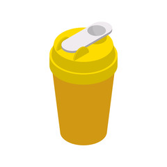 Obraz premium Isometric yellow sport fitness shaker bottle for protein cocktail isolated on white background, vector illustration.