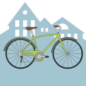 Vector green bicycle on background with city view