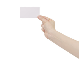 Fototapeta premium young female right hand hold blank white paper card, isolated on white