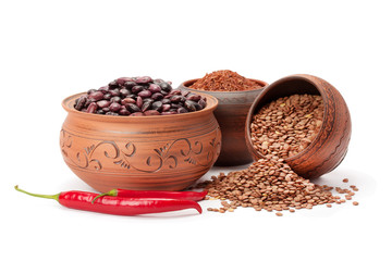 clay pots legumes, rice and chili peppers