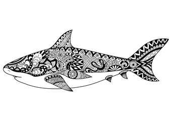 Shark line art design for coloring book for adult, tattoo, t shirt design and other decorations