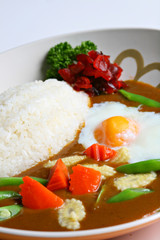 Onzen egg and mixed vegetables Curry Rice on white background