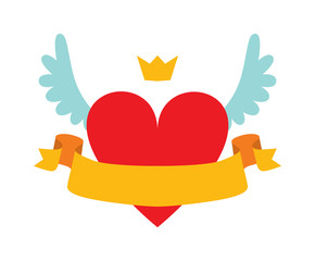 Red heart abstract with crown, wings and yellow ribbon for your text flat vector illustration.