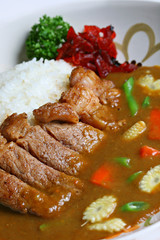 Yakiniku and mixed vegetables Curry Rice on white background