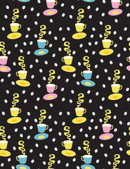 colorful cartoon graphic depicting a steaming coffee with milk in the cup and saucer, black roast coffee beans on background seamless vector print pattern illustration