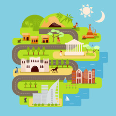 Civilization infographics in flat style. Illustrated evolution of mankind with architecture and human figures. Vector illustration. Infographics with man, woman, animals and buildings for print, web