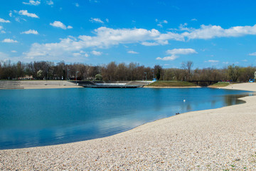 Fototapeta na wymiar Bundek lake in Zagreb, Croatia, in autumn, blue sky