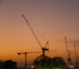 Construction cranes in evening
