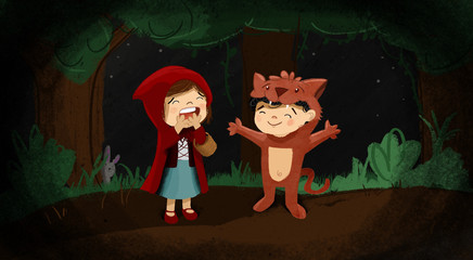 Niños disfrazados de caperucita roja y el lobo feroz