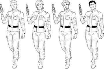 Lineart male in military uniform holds taser