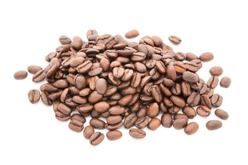 Coffee grains and leaves isolated on the white backgrounds.