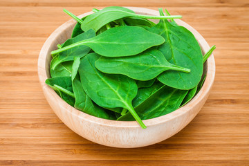 spinach leaf in wooden bowl on the wooden table