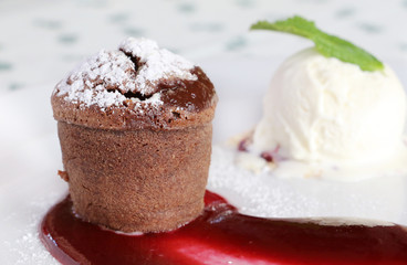 Chocolate muffin with vanilla ice cream.