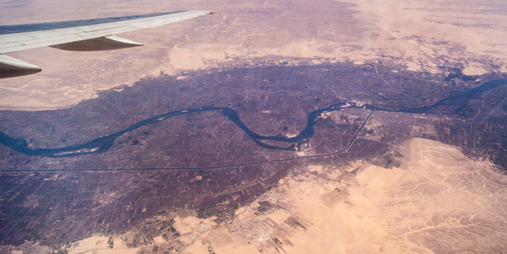 Nile River Valley under the wing of an airplane
