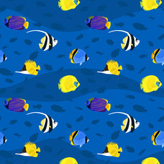 Naklejka na ściany i meble Vector seamless pattern with exotic colorful sea fishes inside.