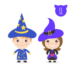 Kids characters in astronomer and witch costumes. 