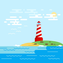 Vector background with lighthouse, sea, waves in a daytime. 