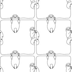 Vector seamless monochrome pattern with cute happy smiling sloth © thruer
