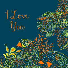 I Love you text on teal background with floral nature ornament with roses, flowers, bluebell, campanula, bellflower, leaves, branches. Vector illustration eps 10. For valentines day design concept