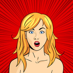 Vector pop art surprised woman face with open mouth
