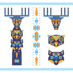Vector illustration of tribal totem with the heads of deer, owl