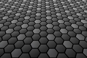 Hexagons tiled textured surface. Perspective view.