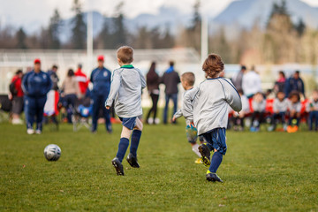 Fototapeta premium Boys playing soccer with spectators in the background