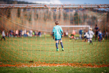 Soccer net with game in the background