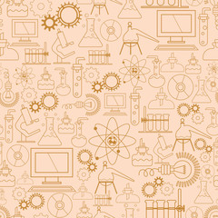 Vector seamless pattern. Scientific background for packaging paper. Gear, Microscope, bulb, computer and other scientific symbols