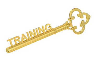 Training concept with golden key, 3D rendering