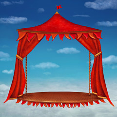 Stage with red  theater curtains in  cloudy sky background