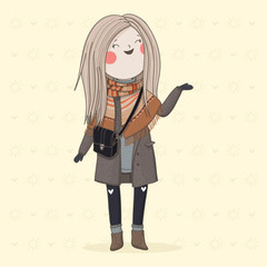 Hand drawn illustration of a cute girl in a coat and scarf. Girl in the sun. Background, postcard.