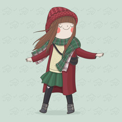 Hand drawn illustration of a cute girl in a coat and hat. Girl in the wind. Background, postcard.