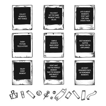 Hand drawn vintage photo frames doodle set with quotes. Vector illustration.