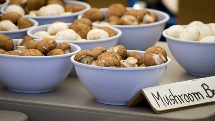 Purple bowls on a grey table top, filled with brown and white button mushrooms. Sign with the word Mushroom in the foreground.