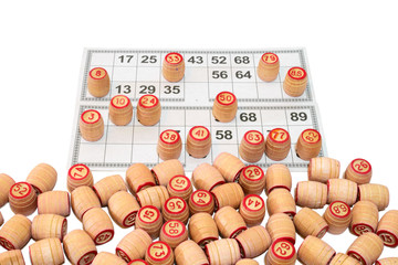 Cards and kegs for Russian lotto (bingo game) on white background
