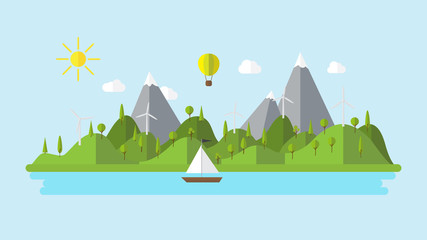 Flat vector ecology landscape island illustration with boat wind power plant and balloon coast scenery background - 107091041