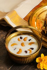 Indian Rice pudding payasam decorated with Cashews and raisin