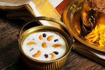 Indian Rice pudding payasam decorated with Cashews and raisin