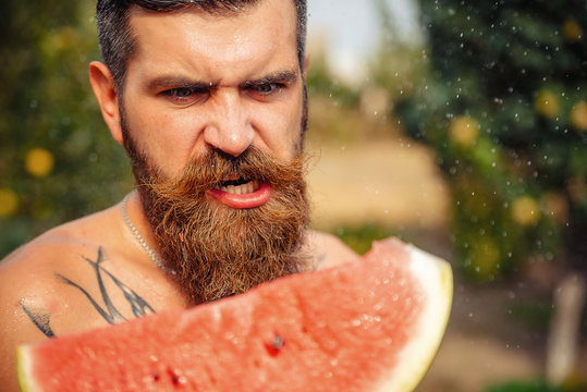 bearded man without clothes with a big juicy ripe watermelon in hands on a background of flowering garden illuminated by bright sunshine