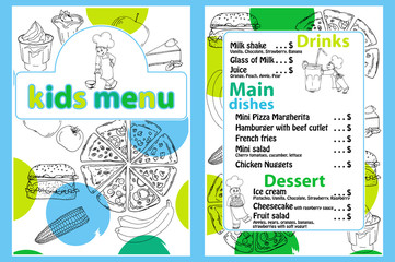 Cute colorful kids meal menu vector template with funny cartoon kitchen boy. Different types of dishes on a hand drawn grocery background