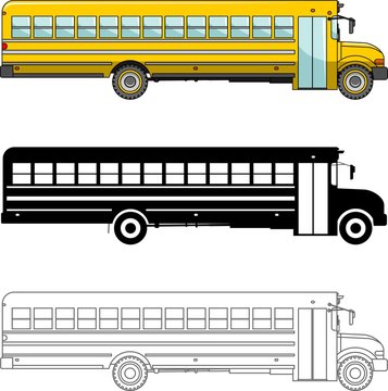 Different kind school bus isolated on white background in flat style: colored, black silhouette and contour. Vector illustration.
