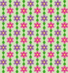 Floral pattern with pink and violet flowers on green background